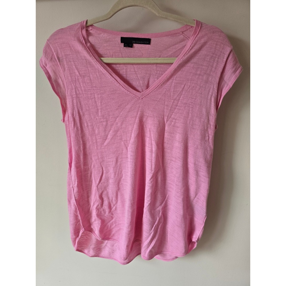 360Sweater Womens Pink 100% Cotton V-Neck Cap Sleeve Slub Knit Top Small